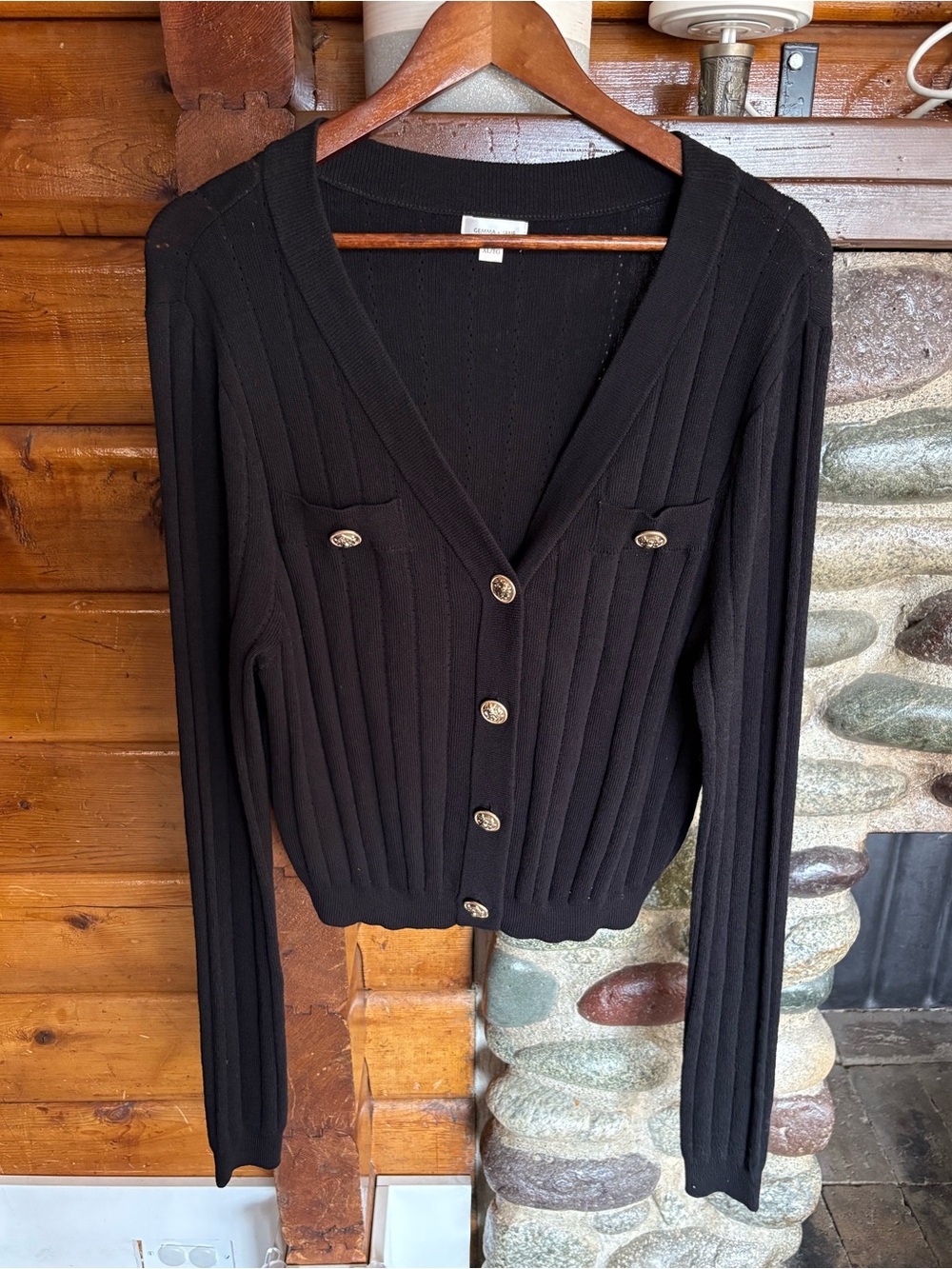 Gemma + Jane Black Ribbed Gold Button V Neck Cardigan XL